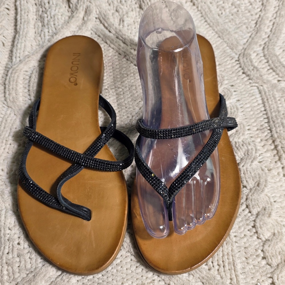 Free People Inuovo Leather Strappy Rhinestone Flat Thong Sandals Women‎ 41 10